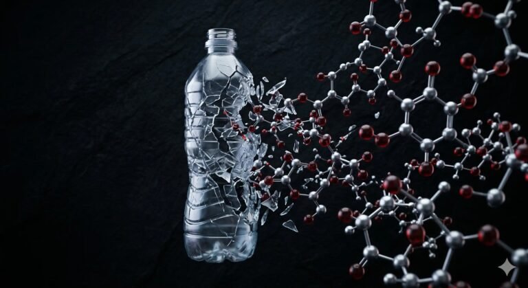 Botella de plástico disolviéndose en estructuras moleculares con gotas rojas, iluminación cinematográfica oscura sobre fondo negro texturizado. Proyecto de divulgación científica Cuerpo Contaminado.