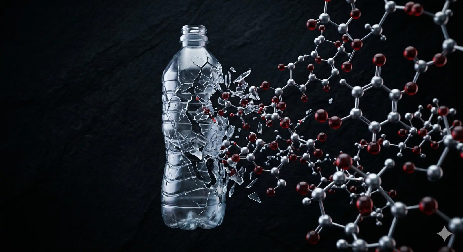 Botella de plástico disolviéndose en estructuras moleculares con gotas rojas, iluminación cinematográfica oscura sobre fondo negro texturizado. Proyecto de divulgación científica Cuerpo Contaminado.