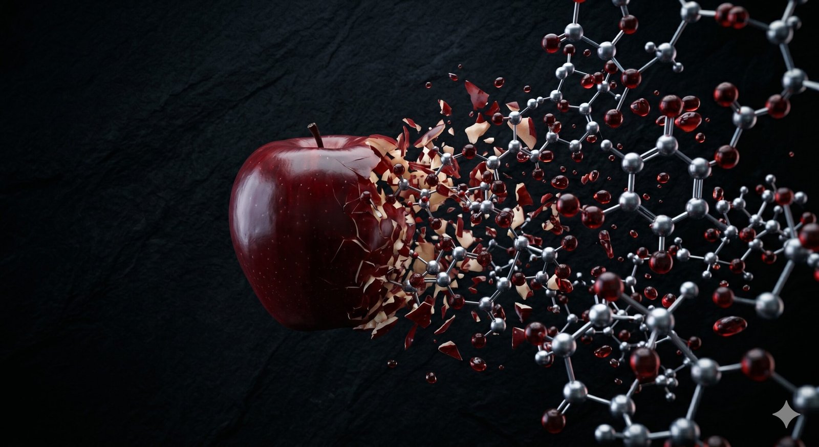 Manzana roja disolviéndose en estructuras moleculares plateadas, iluminación cinematográfica oscura sobre fondo negro texturizado. Proyecto de divulgación científica Cuerpo Contaminado.